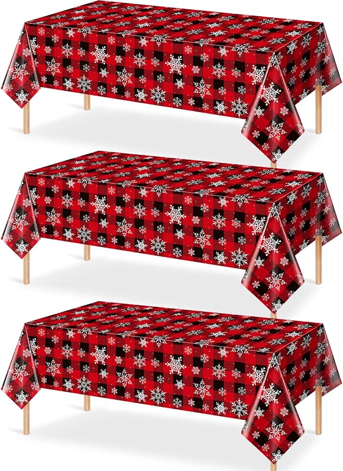 3 Pieces Red and Black Buffalo Plaid Merry Christmas Party Tablecloth Decorations,Plastic White Snowflake Buffalo Plaid Sign Table Cover for Winter Christmas Holiday Party Supplies,54x108 inch