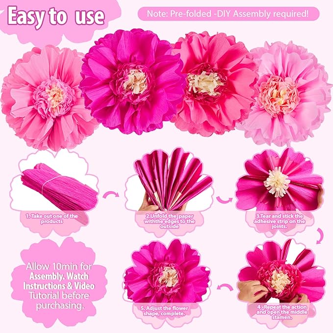 SUNBEAUTY 20" Giant Hot Pink Tissue Paper Flowers - 4 PCS Large Crepe Tissue Fiesta Flowers Party Birthday Decorations Sunset Autumn Thanksgiving Wedding Backdrop Bridal Baby Shower Nursery Wall Decor