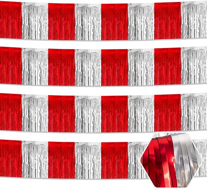 4 Pack 10 Feet Red Silver Foil Fringe Garland Metallic Tinsel Streamers Banner Wall Hanging Curtain Backdrop for Parade Floats, Wedding, Graduate, Mother's Day, Birthday Party Decoration