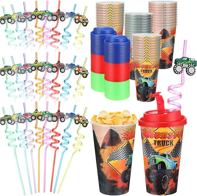 Yungyan 36 Sets Monster Truck Party Favors Goodie Cups with Lids and Straws for Birthday Decorations Reusable 16oz Plastic Candy Cups Plastic Straws for Birthday Party (Truck)