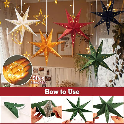 EASY JOY 5-Piece 7-Pointed Paper Star Decoration With Light - 12 Inch 3D Paper Star Lantern for Christmas, Home, Party, Wedding, Birthday