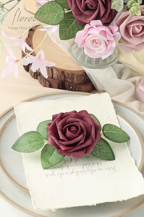 Floroom Artificial Flowers 25pcs Real Looking Cinnamon Rose & Shabby Pink Foam Fake Roses with Stems for DIY Wedding Bouquets Bridal Shower Centerpieces Floral Arrangements Party Tables Decorations