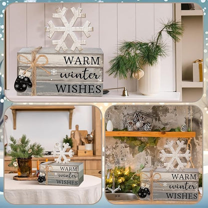 4 Pcs Winter Christmas Decor Winter Table Decorations Christmas Tiered Tray Decor Centerpiece Decorations Indoor Rustic Wooden Snowflake Block Sign Gift Farmhouse for Home Kitchen Shelf