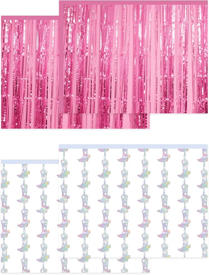 4 Pcs Cowgirl Party Decorations - 2 Boot Silver Metallic Tinsel Fringe Curtains & 2 Candy Pink Backdrops for Birthday Supplies Last Rodeo Bachelorette Wedding Disco Decor
