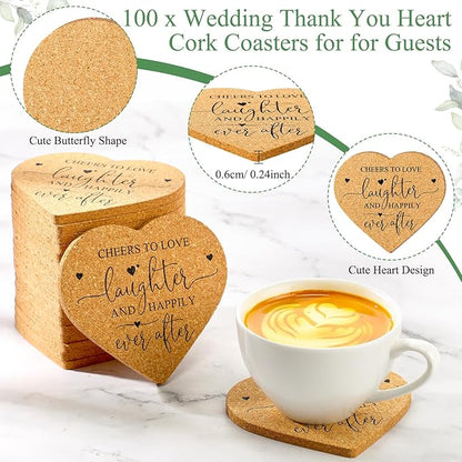 Uiifan 100 Set Wedding Favors for Guest Coaster Gifts Bulk Heart Shaped Coasters Thank You Cards Organza Bags Guest Souvenirs for Wedding Party Bridal Favors