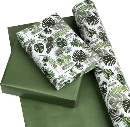 WRAPAHOLIC Reversible Tropical Wrapping Paper - Mini Roll - 17 Inch X 33 Feet - Green Monstera Leaf Hawaii Wrapping Paper for Birthday, Wedding, Bridal Shower, Baby Shower