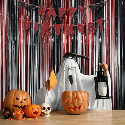 BRAVESHINE Tinsel Photo Backdrop Curtains - 2 Pack 3.2x8.2ft Black Red Foil Fringe Streamer Curtain for Halloweens, Lantern, Pumpkin, Home, Indoor or Outdoor Party Supplies Decorations