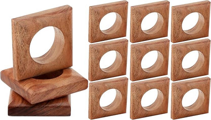 Wooden Napkin Rings Set of 12 Fall Decor for Home Square Acacia Wood Napkin Holders for Dining Table Settings Napkin Ring Rustic Table Décor for Weddings, Parties, Everyday Use (Brown) - CLEENTABLE