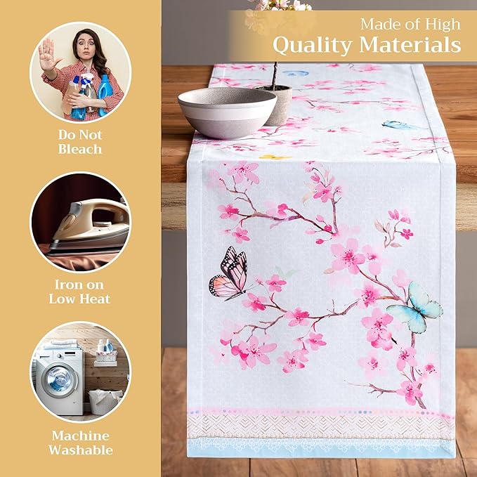 Maison d' Hermine Table Runner 100% Cotton Single Layer Table Runners 72 inches Long Decorative for Home Kitchen Dining Party Wedding Bridal Shower Spring Summer (Blossoms in Spring, 14.50" x 72")