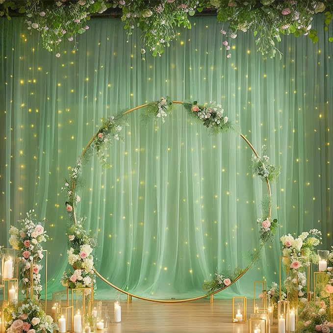 30×10ft Green Tulle Backdrop Curtain with Lights String for Parties, Sheer Photo Backdrop Curtains for Wedding Party Photography Background