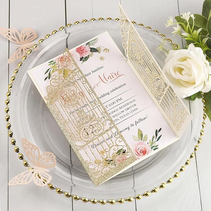 50PCS Gold Glitter Wedding Invitations Laser Cut Invitations with Envelopes and Rsvp Cards Personalized Inserts for Quinceanera Bridal Baby Shower Anniversary Birthday Engagement Fence Fold Design