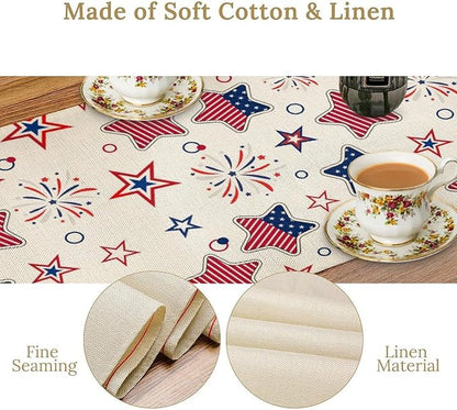4th of July Table Runner, American Patriotic Independence Day Red Blue White Stars Stripes Fireworks Print Table Runner for Home Party Decor Kitchen Dining Table, 13x120inch