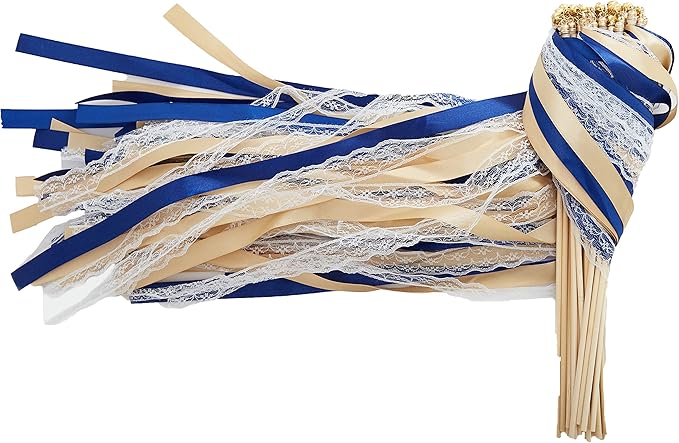 100 Pack Ribbon Wedding Wands Sticks Wedding Party Favors Streamers with Gold Bells and Lace Silk Fairy Wand for Party Activities Baby Shower Holiday Celebration