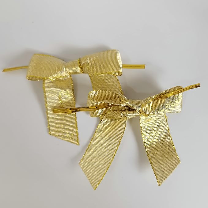 50pcs 2-1/2" Metallic Gold Bows for Crafts Pretaied Christmas Bows for Decoration with Twist Ties Hot Cut Tails(W.Gold)