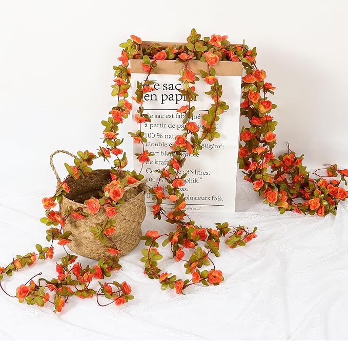 KHOYIME 5 Pack 40 FT Artificial Fall Flower Garland, Fake Orange Roses Vines Silk Flowers Faux Plastic Outdoor Hanging Floral Garland Autumn Decoration for Indoor Table Home Wall Backdrop Room Decor
