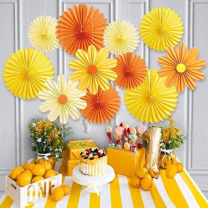 11PCS Paper Flowers Decorations for Wall Daisy Paper Fans Classroom Decoration Paper Orange Backdrop Decor Hanging Paper Fans for Birthday Baby Shower Indoor Spring Deco
