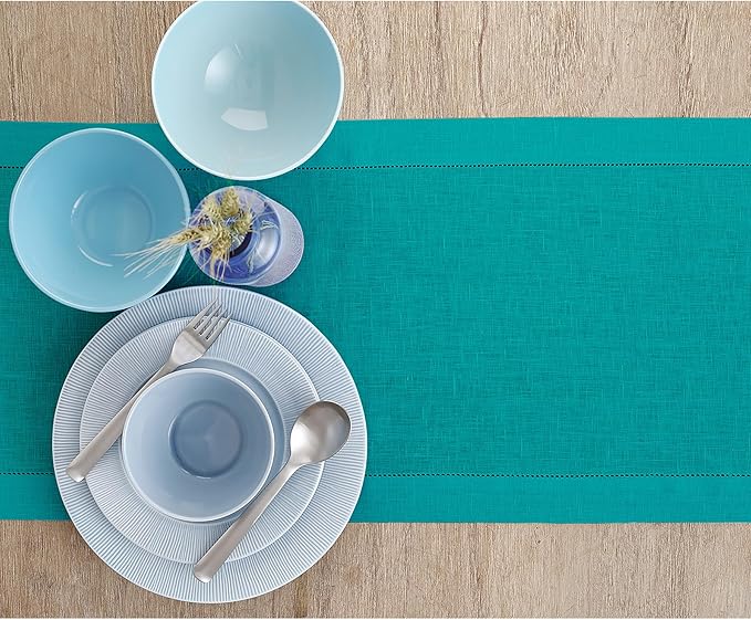 Solino Home Linen Teal Table Runner 108 Inches Long - 100% Pure Linen Hemstitch 14 x 108 Inch Table Runner for Dining, Fall, Autumn, Thanksgiving, Christmas - Classic Hemstitch