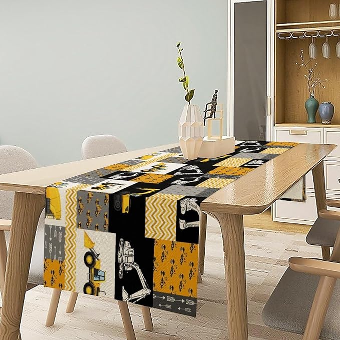 Excavator Table Runner,Boys Kids Construction Vehicles Equipment Trucks Cartoon Car Tablecloth Burlap for Hotel Indoors Outdoor Dining Room Kitchen Holiday Party, 13x70in
