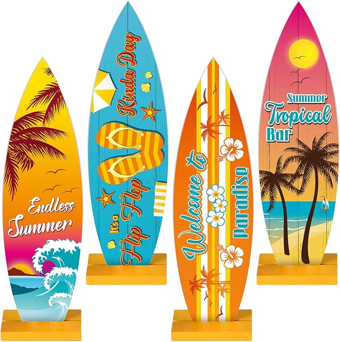 Blulu 4 Pcs Surfboard Decorations for Party Surfboard Beach Signs Welcome to Paradise Sign Tropical Bar Table Centerpieces Endless Summer Wood Decor Flip Flop Letters for Home Decor(Tropical Style)