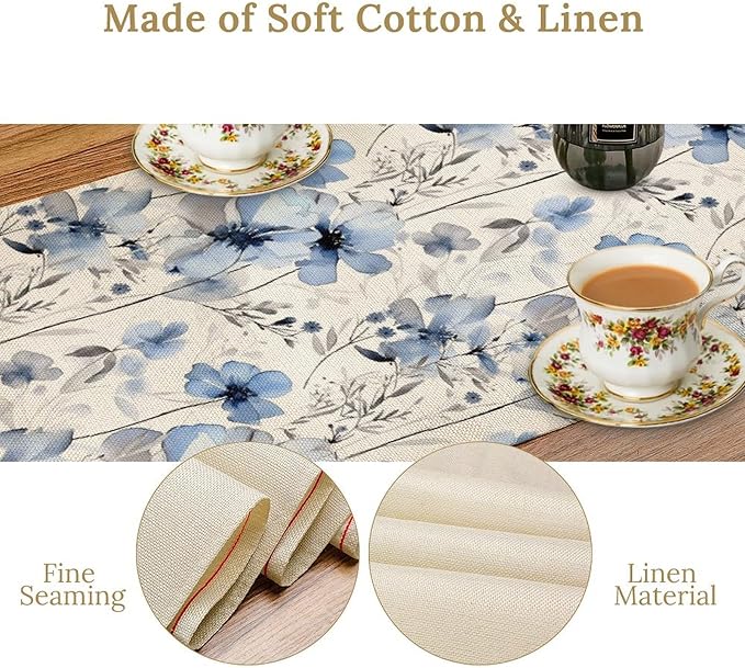 Watercolor Floral Table Runner, Blue Poppy Flower Seasonal Spring Summer Table Runner for Kitchen Dinning Table Runner Decor Home Wedding Party Holiday, 13x36 Inch