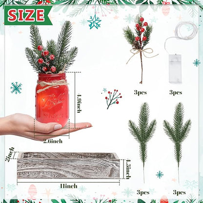 Christmas Mason Jars, Christmas Centerpiece Table Settings, Wood Tray with 3 Painted Jars, Dining Coffee Table Centerpiece, For Kitchen, Living Room, Red Mason Jar Decor with Flowers