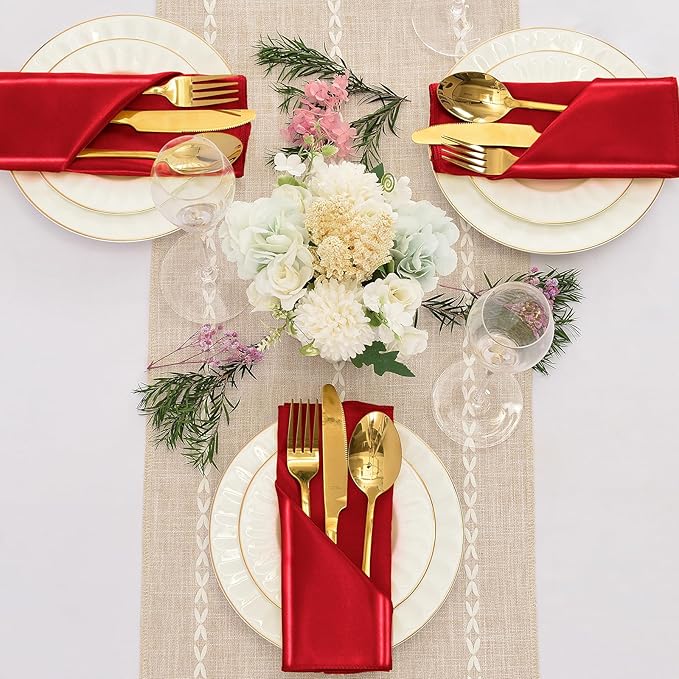 12 Pieces Red Satin Napkins, 17" x 17" Square Table Napkins, Silky Soft Smooth Washable Napkins for Restaurant, Weddings, Dinner, Party Decoration