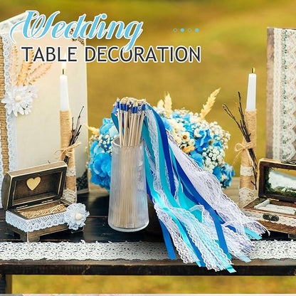 Taiyin 150 Pcs Lace Ribbon Stick Wands Wedding Wand Streamers with Bell Silk Ribbon Fairy Wand Wedding Send Off Streamer for Baby Shower Holiday Party Favors(Dark Blue,Light Blue)