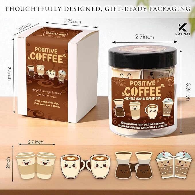 Positive Coffee Affirmation Jar – 60pcs Cute Emotional Support Coffee – Coffee Gifts for Men, Women– Birthday Gift, White Elephant Gifts for Coworker, Boss, Teacher, Teens, Back to School Gift