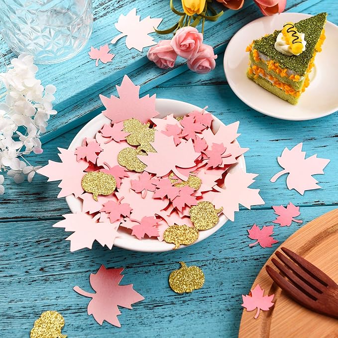 Sumind 200 Pieces Thanksgiving Pink and Gold Pumpkin Confetti Christmas Baby Shower Maple Leaf Confetti Glitter Thanksgiving Pumpkin Decorations Table Decorations for Birthday Party Supplies (Simple)