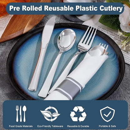 200Guests Pre Rolled Silver Plastic Silverware Sets - Heavy Duty Silver Cutlery - Include 200 Pack Wrapped Disposable Utensils with Napkins for Parties & Dinners & Weddings