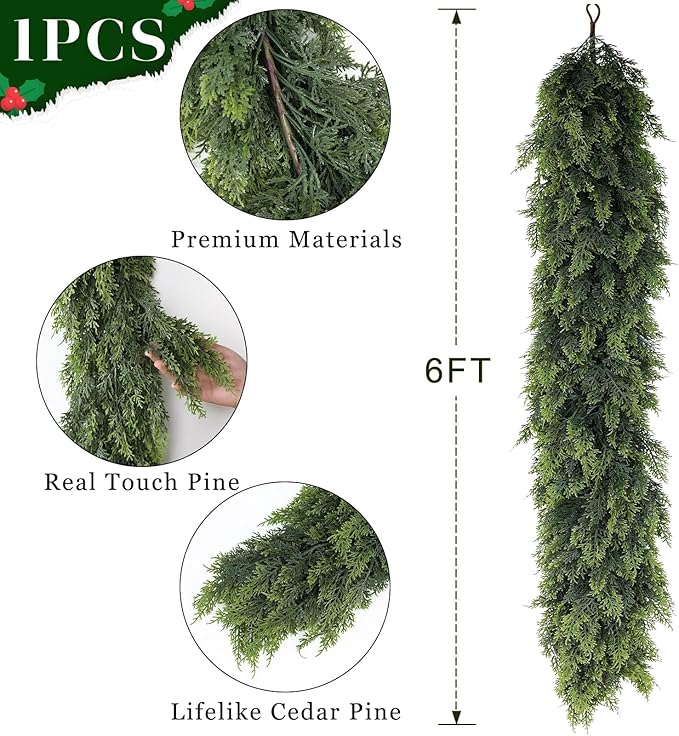 Real Touch Cedar Garland - Artificial Christmas Garlands Faux Green Cedar Fake Pine Needles Garland for Fireplace,Table, Stairs, Mantle, Window,Indoor Outdoor,Home,Holiday Decor(1 PCS,6 FT)