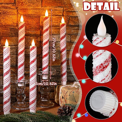 Baquler 6 Pcs Christmas Flameless Taper Candles 10.6 Inch Sea Salt Candy Cane Candles Battery Operated LED Christmas Candlesticks for Xmas Centerpiece Holiday Party Decor