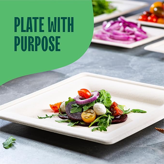 100% Compostable Square Paper Plates [50-Pack] - {PFAS-Free} - {BPI Certified} - [10 Inch] Heavy Duty, Eco-Friendly, Biodegradable Bagasse Dinner Plates - Natural Brown 10" Plate by Stack Man