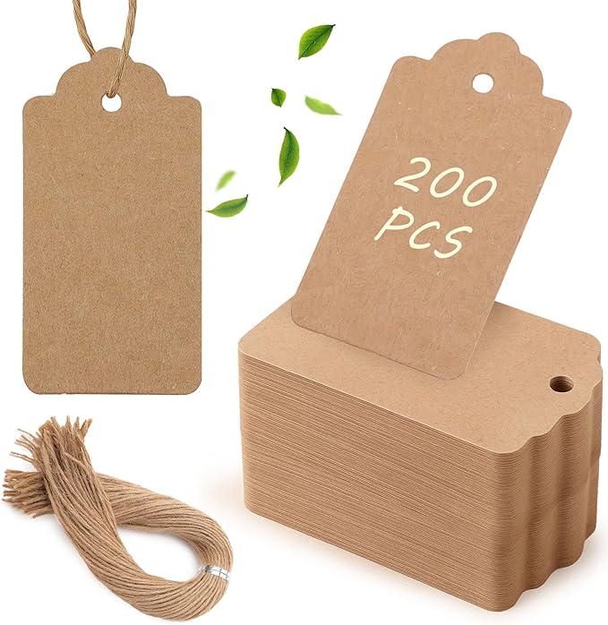 SallyFashion 200pcs Gift Tags with String Attached, 1.7 x 2.8 inch Kraft Paper Hang Handmade Tags for Clothes Birthday Wedding Holiday DIY Crafts (Brown Water Ripple