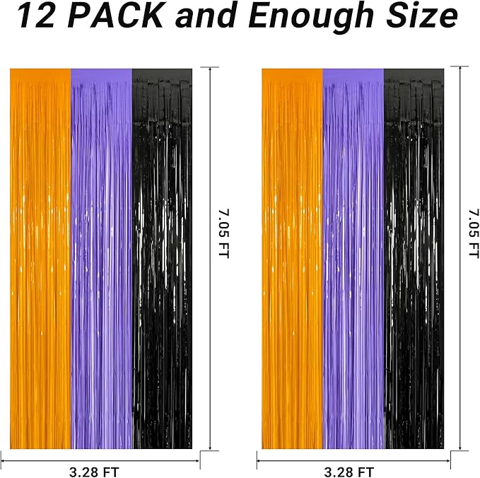 12 Pack Halloween Decor, 3.28 FT x 7.05 FT Orange Purple Black Fringe Curtains, Funny Wall Backdrop Photo Booth Backdrop Party Streamer, Halloween Foil Decorations Photo Booth Props