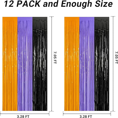 12 Pack Halloween Decor, 3.28 FT x 7.05 FT Orange Purple Black Fringe Curtains, Funny Wall Backdrop Photo Booth Backdrop Party Streamer, Halloween Foil Decorations Photo Booth Props