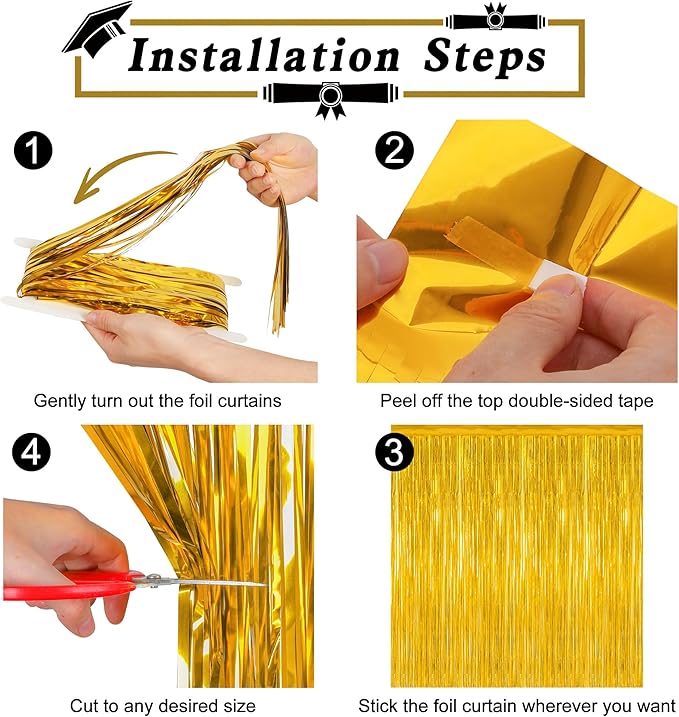 4 Pack 2025 Graduation Party Decorations, 3.28 x 7.05 Feet Gold Grad Curtains, Metallic Gold Backdrop Curtain Class of 2025 Backdrop Party Streamer, Congrad Backdrop Grad Decor 2025