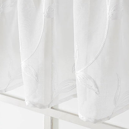 VISIONTEX White Sheer Voile Curtains, Decorative Leaves Embroidery Faux Linen Rod Pocket Window Drapes for Home Kitchen, Living Room and Bedroom 26 x 36 Inch, Set of 2 Curtain Panels