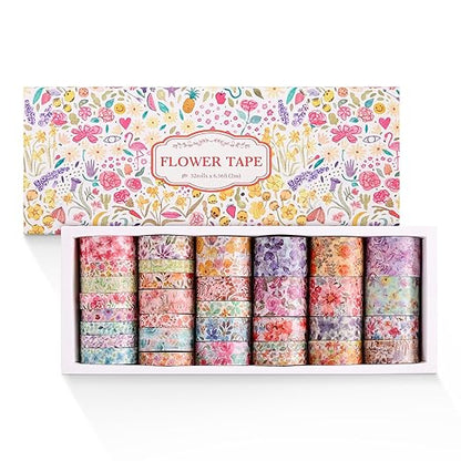32 Rolls Washi Tape Set, Colored Floral Decorative Masking Tape, Artists Tapes for Junk Journal, Journaling, DIY Craft Projects, Scrapbooking Supplies Decor
