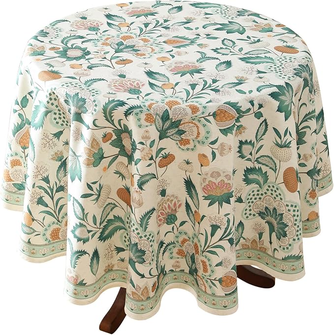 patdrea Designer Green French Table Cloth for Round Table,Vintage Italian Floral Country Linen Breathable Tablecloth,Cover for Kitchen Dining,Christmas,Thanksgiving,Diameter 67"-Tree Life