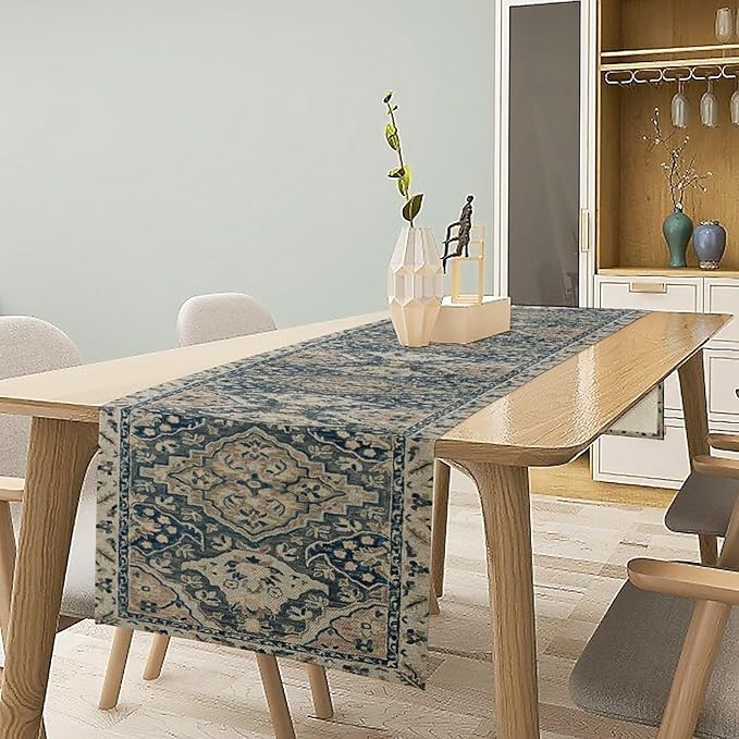 Vintage Boho Floral Table Runner, Rustic Country Farmhouse Blue Grey Retro Flower Pattern for Home Kitchen Table Decor Dining Coffee Room Party Decor 13x72in