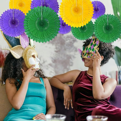 18 Pcs Mardi Gras Hanging Honeycomb Paper Fans, Round Paper Fan Decorations for Weddings, Birthdays, Bachelorette, Photo Booth Backdrops, Baby Shower, Anniversary Events Party Supplies