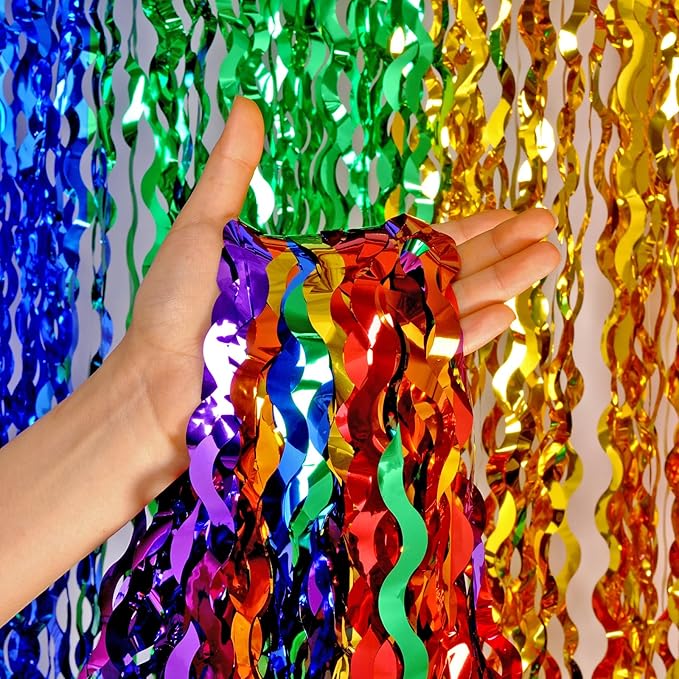 3 Pack Rainbow Foil Curtains - 3.3x6.6ft Metallic Streamers Tinsel Curtains Background for Photo Booth Birthday Weddings Carnivals Graduation