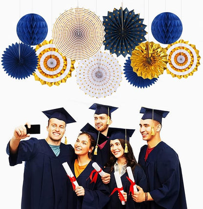 Navy-Blue White-Gold Graduation Party-Decorations - 33pcs Kits Banner, Streamers Tassel Garland,Tissue Pom Poms Honeycomb, Paper Lantern Fans,Wedding Birthday Baby Shower Backdrop Ceiling Decor Hugtmr