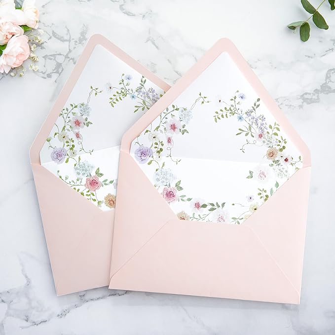 PONATIA 50PCS A7 Euro Flap Envelopes, 5.25 x 7.25'' Blush Pink Flowers Liner Envelopes for 5x7 Wedding Invitations, Photos, Postcards, Greeting Cards, Christmas Gift Cards, Acrylic Mailing