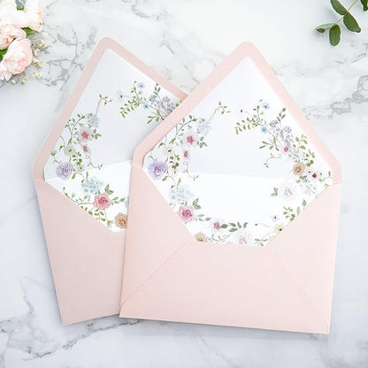 PONATIA 50PCS A7 Euro Flap Envelopes, 5.25 x 7.25'' Blush Pink Flowers Liner Envelopes for 5x7 Wedding Invitations, Photos, Postcards, Greeting Cards, Christmas Gift Cards, Acrylic Mailing