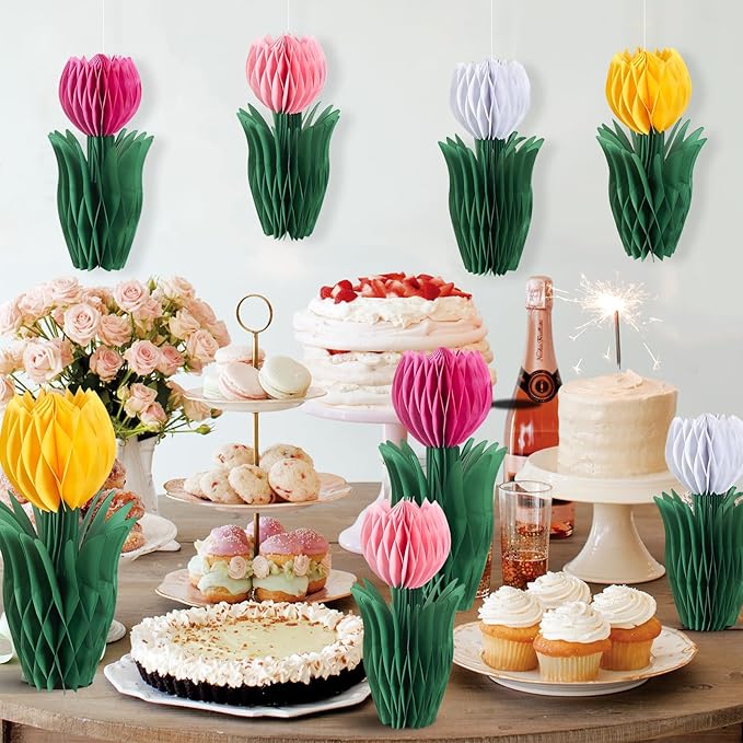 SUNBEAUTY 8 PCS Flower Honeycomb Decor Tulips Table Centerpieces Spring Decor for Home Office