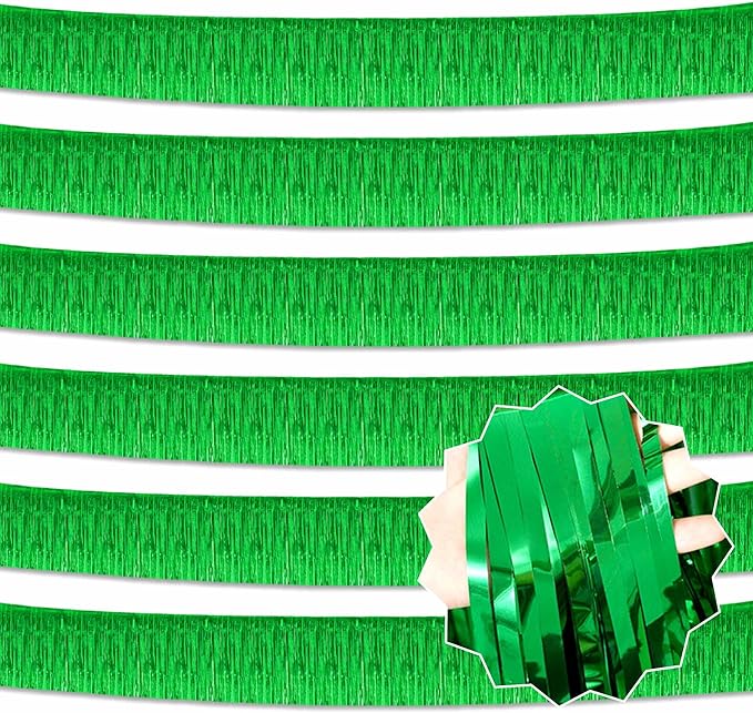 6 Pack 10 Ft Green Foil Fringe Garland Metallic Streamers Tinsel Banner Wall Hanging Garland Backdrop for Parade Floats, Halloween, Christmas, Thanksgiving, New Year Party Decorations