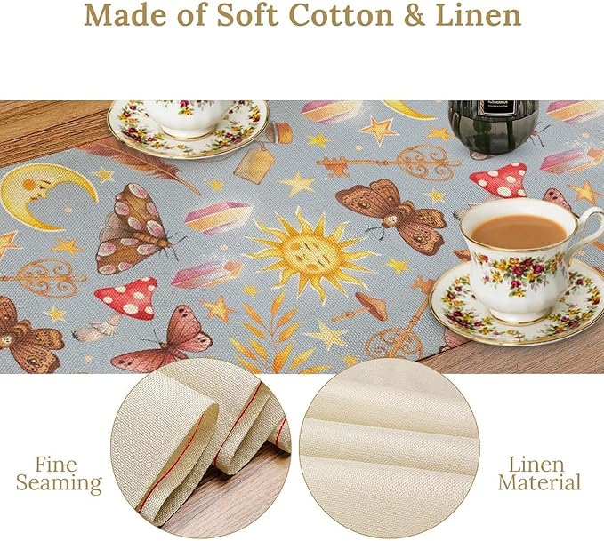 Boho Sun Moon Table Runner Mystical Rustic Butterfly Mushroom Star Table Runner for Kitchen Living Room Dinner Holiday 13x90 Inch