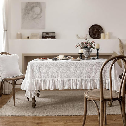 patdrea Vintage Ruffle Tablecloth for Rectangle Tables,Farmhouse Embroidered Cotton White Lace Table Cloth Cover Decor for Dining Room Wedding Banquet Thanksgiving Christmas,67"*106"